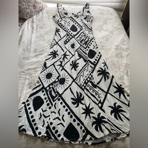 Paper Heart White Black Palm Sun Linen Blend Babydoll Maxi Dress Large Beach